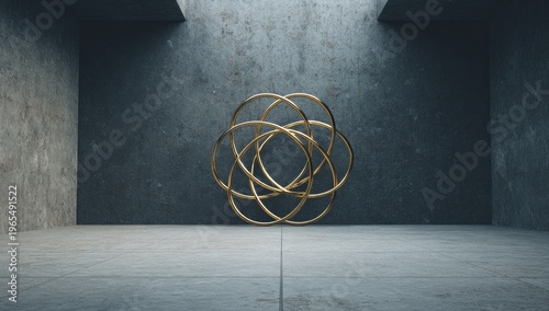 Golden overlapping rings sculpture in a minimalist concrete space, illuminated by skylight