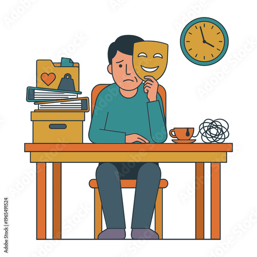 A man sits at desk with a mask covering his face, surrounded by office supplies and papers, looking stressed.