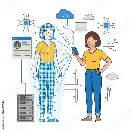 Two women interact with technology devices outdoors on a cloudy day