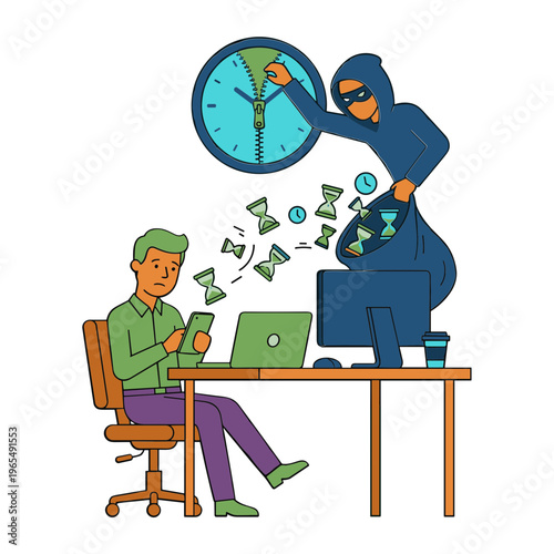 A man sits at a desk working on his laptop as a burglar steals money and disrupts his work with a clock.