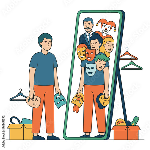 A man stands beside a mirror reflecting multiple masked faces and people.