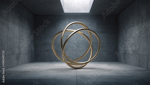 Golden, intertwined loops cast in a concrete room, lit from a skylight above