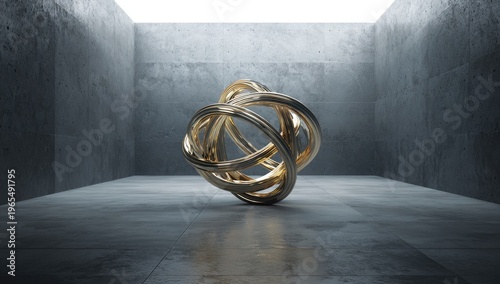 Golden, intertwined sculpture centered within a dimly lit, concrete-walled enclosure