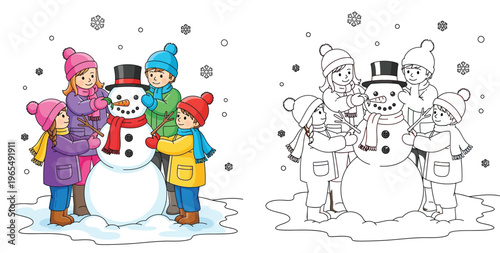 Children Building a Snowman Winter Outdoor Activities Illustration and Coloring Page for Kids Happy Boys and Girls Playing in Snow with Carrot Nose and Scarf Vector Design