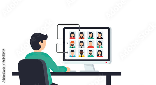 Man Working at Computer Screen with Grid of Diverse People Avatars for Video Conference and Human Resources Management