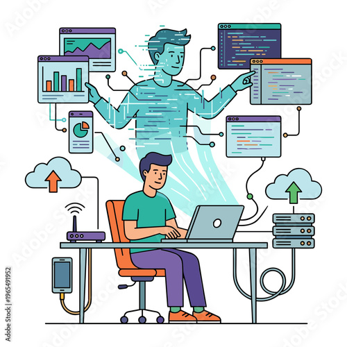 A man sits at a desk with a laptop and a blue ghostly figure hovers above him displaying various computer screens and data charts.