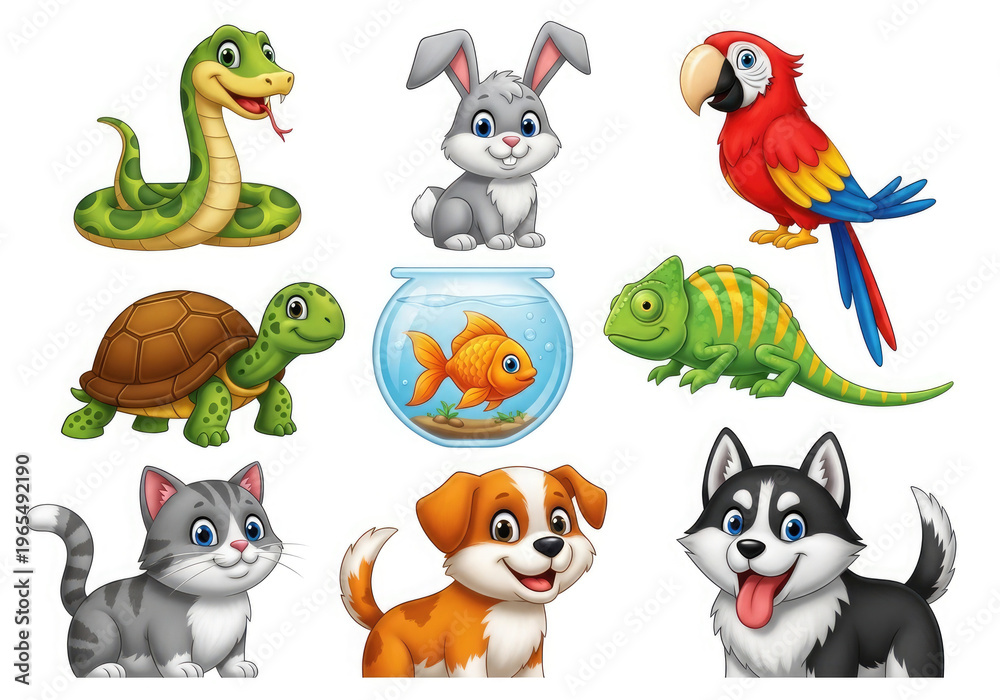 Naklejka premium Colorful cartoon animals including snake, rabbit, parrot, turtle, fish, chameleon, cat, dog, and husky isolated on white background