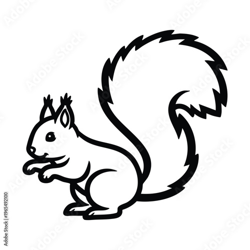 Black and white outline drawing of a squirrel with a bushy tail, depicted in a simple graphic style.