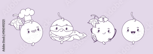 Kawaii Blackcurrant Line Art Set. Cute Berry Currant Mascot Coloring Page with Chef, Superhero, Doctor and Happy Characters for Kids Education. Isolated Outline  drawing. Vector illustration