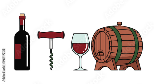 A colorful illustration of wine bottle corkscrew glass and barrel, Generative AI.