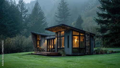 Modern wooden cabin nestled in lush green field, surrounded by misty trees and serene mountains