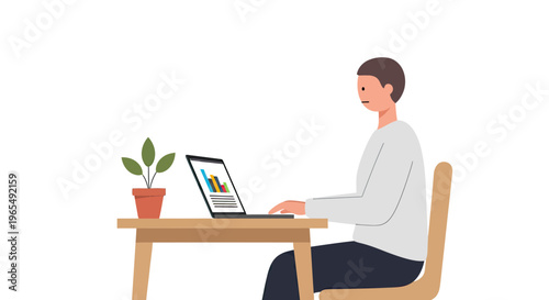 Man Working on Laptop Analyzing Business Data and Charts at Home Office Desk, Vector Illustration