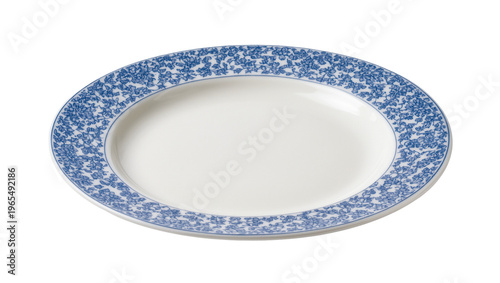Konstfotografi Isolated white ceramic plate featuring an intricate blue floral pattern along the rim, elegant dinnerware for serving