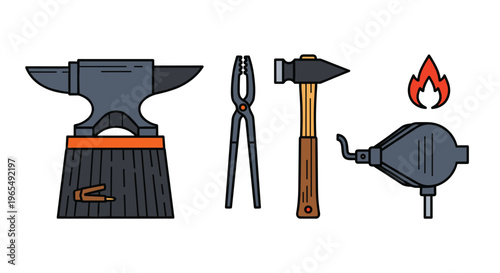 A set of blacksmithing tools including an anvil hammer pliers and blowpipe, Generative AI.