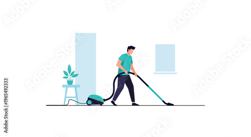 Man Cleaning Floor with Vacuum Cleaner at Home, Housekeeping and Domestic Chores Vector Illustration