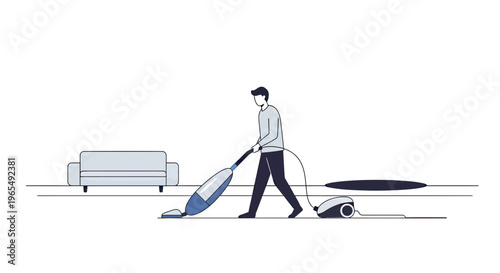 Man vacuuming the living room floor with a modern vacuum cleaner, concept of household chores and home maintenance