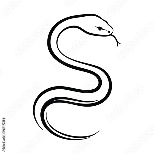 Simple black and white line art drawing of a snake coiled in an S-shape with its tongue flicking out, isolated on a white background.