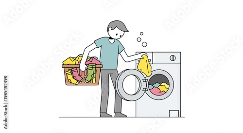 Man doing laundry, loading a washing machine with clothes from a basket, household chores and domestic life concept vector illustration