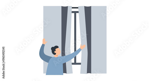 Man opening grey curtains to look out of the window in the morning, daily routine and home lifestyle vector illustration