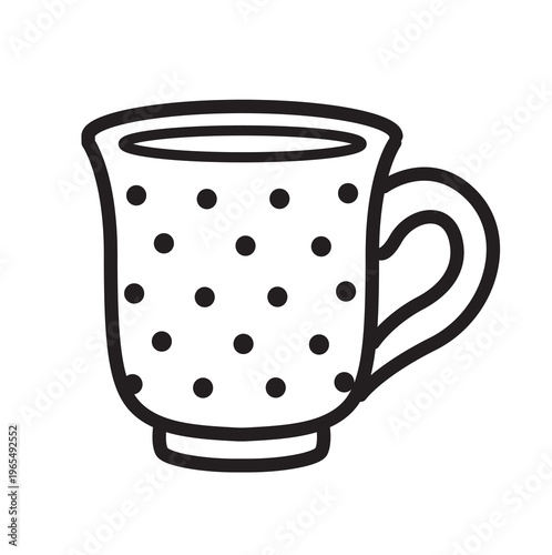 Tea cup in polka dots line art illustration on white background
