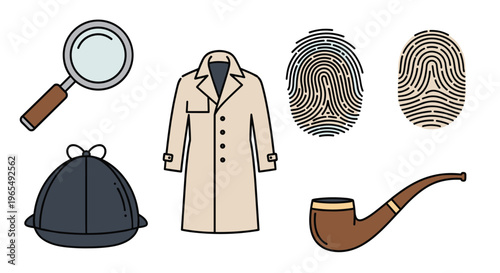 A cartoon illustration of detective items including a magnifying glass trench coat fingerprints deerstalker hat and smoking pipe, Generative AI.