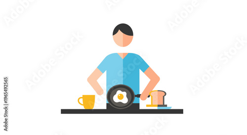 Flat Vector Illustration of a Man Preparing a Healthy Breakfast with Fried Egg and Toast