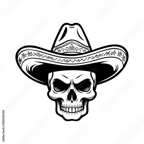 Logotipo con dibujo minimalista de calavera con sombrero mexicano, para el Día de los Muertos en México o fiesta de Halloween