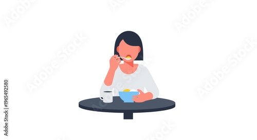 Woman Eating Healthy Breakfast Bowl and Drinking Coffee, Flat Vector Illustration