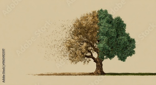 Artistic depiction of a tree, half barren, half flourishing, contrasting life stages