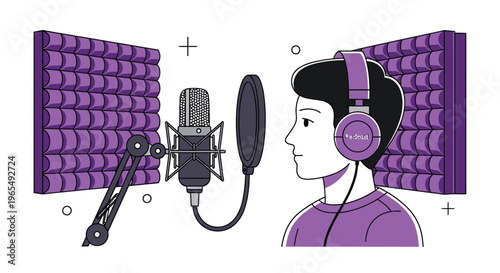 A cartoon person wearing headphones and recording with a microphone in a soundproof room with purple acoustic panels on the walls and a pop filter, Generative AI.