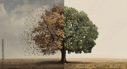 Composite image of a tree, half barren/brown, half flourishing/green, symbolizing change