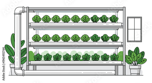 A large hydroponic system with multiple shelves of leafy green plants growing in a controlled environment with pipes and a window, Generative AI.