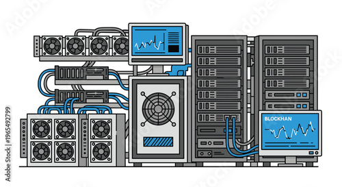 A detailed illustration of a computer server system with multiple monitors and wires used for blockchain technology and cryptocurrency mining operations, Generative AI.
