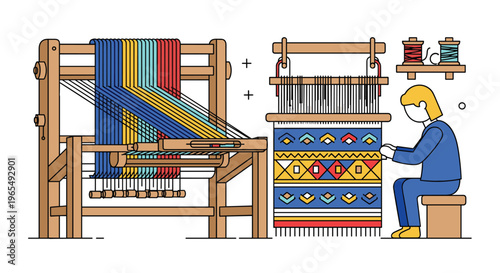 A cartoon illustration of a woman weaving on a loom with colorful threads and yarns, Generative AI.