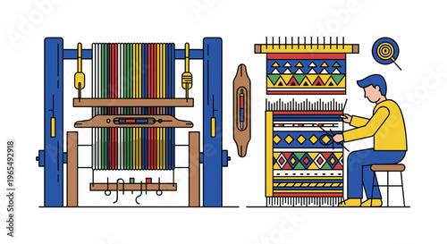 A man sitting on a stool weaving colorful fabric on a loom with another loom next to him, Generative AI.