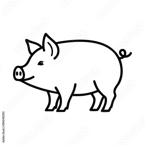 Simple black and white outline drawing of a cartoon pig with a curly tail, standing sideways on a white background.