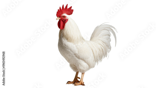 Isolated magnificent white rooster with a vibrant red comb and wattle standing on its own