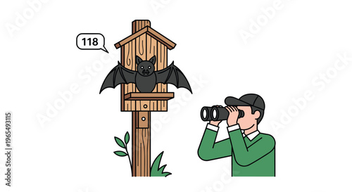 A man observes a bat in a wooden birdhouse with a speech bubble saying 118 illustrating wildlife observation and unusual birdwatching, Generative AI.