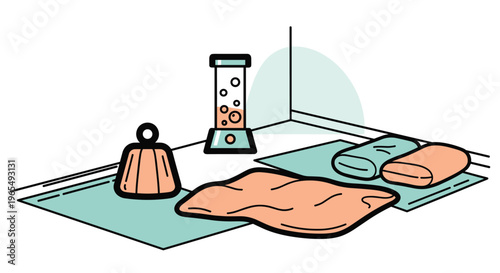 A cartoon illustration of a yoga or meditation room with a pink bolster two pink pillows and a sand timer on green mats, Generative AI.