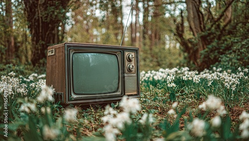 An old, weathered TV sits in a field surrounded by white flowers and lush greenery