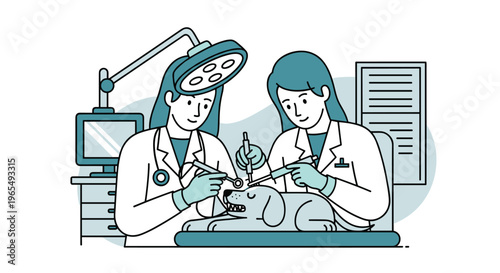 Veterinarians performing dental surgery on a dog in a clinic setting with medical equipment, Generative AI.