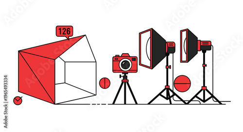 A colorful illustration of photography studio equipment including a softbox camera tripod and soft lights on stands, Generative AI.