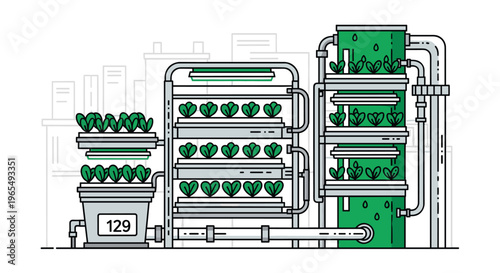 Illustration of a hydroponic system with plants growing in a controlled environment with pipes and tubes for water circulation, Generative AI.