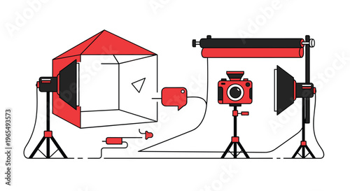 A red and black studio photography setup with a softbox umbrella and reflector on stands, Generative AI.