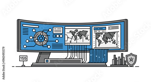 A computer monitor displaying a blue and black interface with various graphics and maps on the screens, Generative AI.