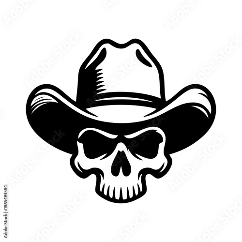 Logotipo con dibujo minimalista de una calavera con sombrero de cowboy para fiestas de Halloween 