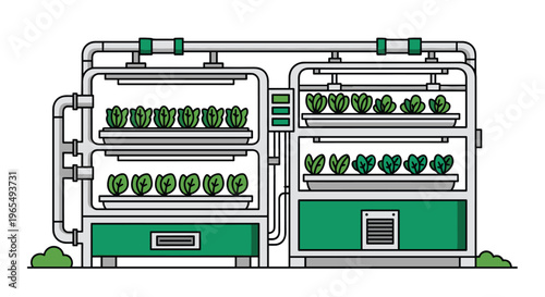 Illustration of a modern hydroponic farm with plants growing in a controlled environment with green machinery and pipes, Generative AI.