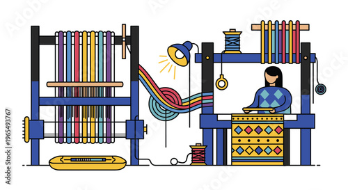 A woman weaving on a colorful loom with yarns and threads in a textile production setting with a lamp shining down, Generative AI.