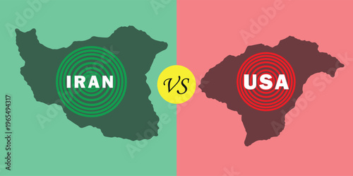 Iran vs USA geopolitical conflict concept vector, map silhouettes of Iran and United States, international relations and trade war illustration