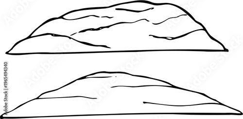 Hand-drawn line art set of mountains isolated on a white background.